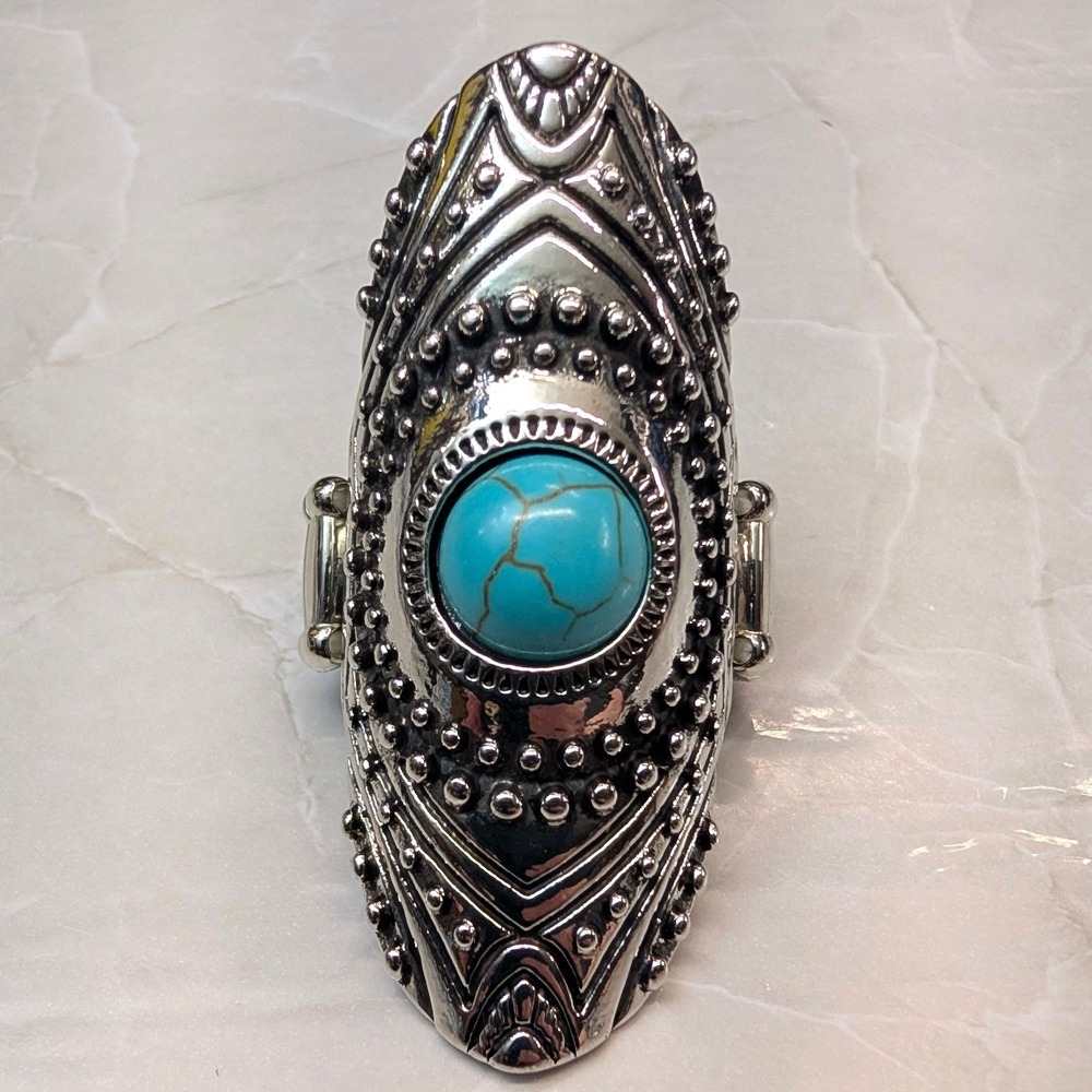 New Stretch Band Ring Long Turquoise Blue Silver Tone Shield Boho Statement Oval